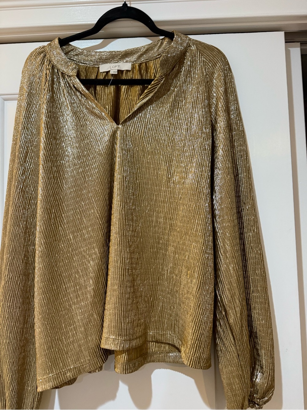 LOFT Shimmery Gold Pleated V-Neck Long-Sleeve Blouse